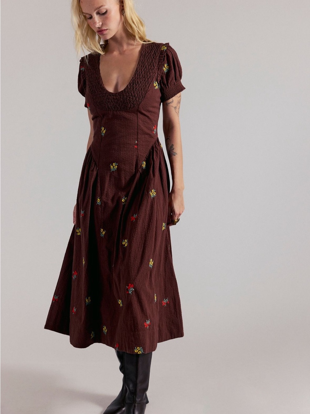 Free People Maisie Brown Floral Embroidered Midi Dress